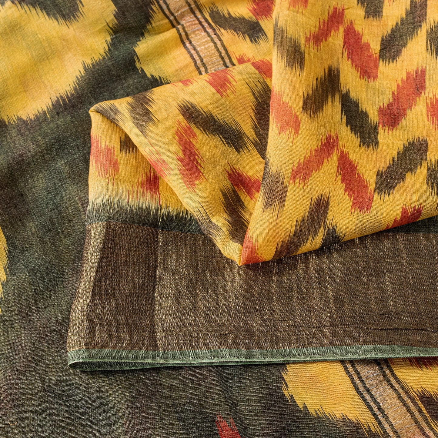 Sanskriti Vintage Yellow Cotton Silk Sarees Ikat Hand Woven Sambhalpuri 5.5 Yard