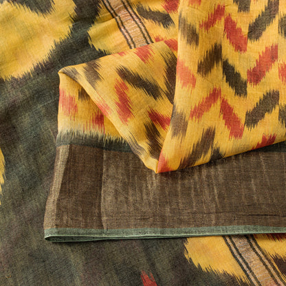 Sanskriti Vintage Yellow Cotton Silk Sarees Ikat Hand Woven Sambhalpuri 5.5 Yard