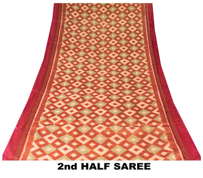 Sanskriti Vintage Dark Red Cotton Silk Sarees Ikat Hand Woven Sambhalpuri 5.5 Yd