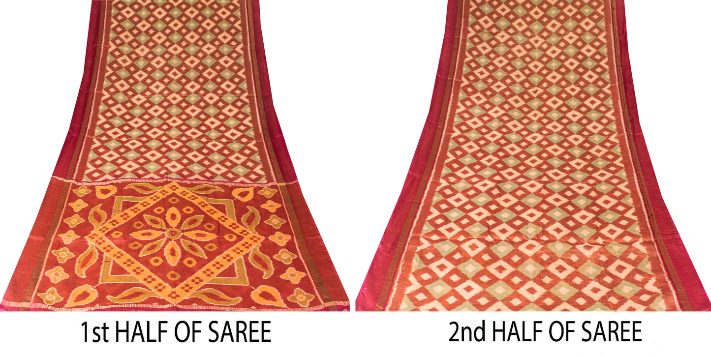 Sanskriti Vintage Dark Red Cotton Silk Sarees Ikat Hand Woven Sambhalpuri 5.5 Yd