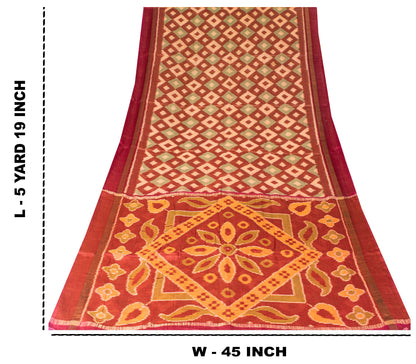 Sanskriti Vintage Dark Red Cotton Silk Sarees Ikat Hand Woven Sambhalpuri 5.5 Yd