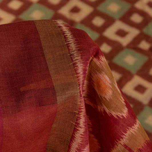 Sanskriti Vintage Dark Red Cotton Silk Sarees Ikat Hand Woven Sambhalpuri 5.5 Yd