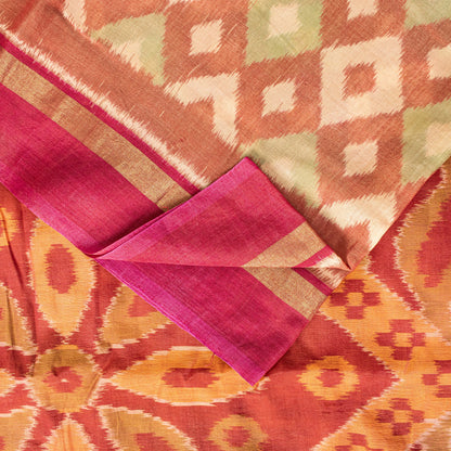 Sanskriti Vintage Dark Red Cotton Silk Sarees Ikat Hand Woven Sambhalpuri 5.5 Yd