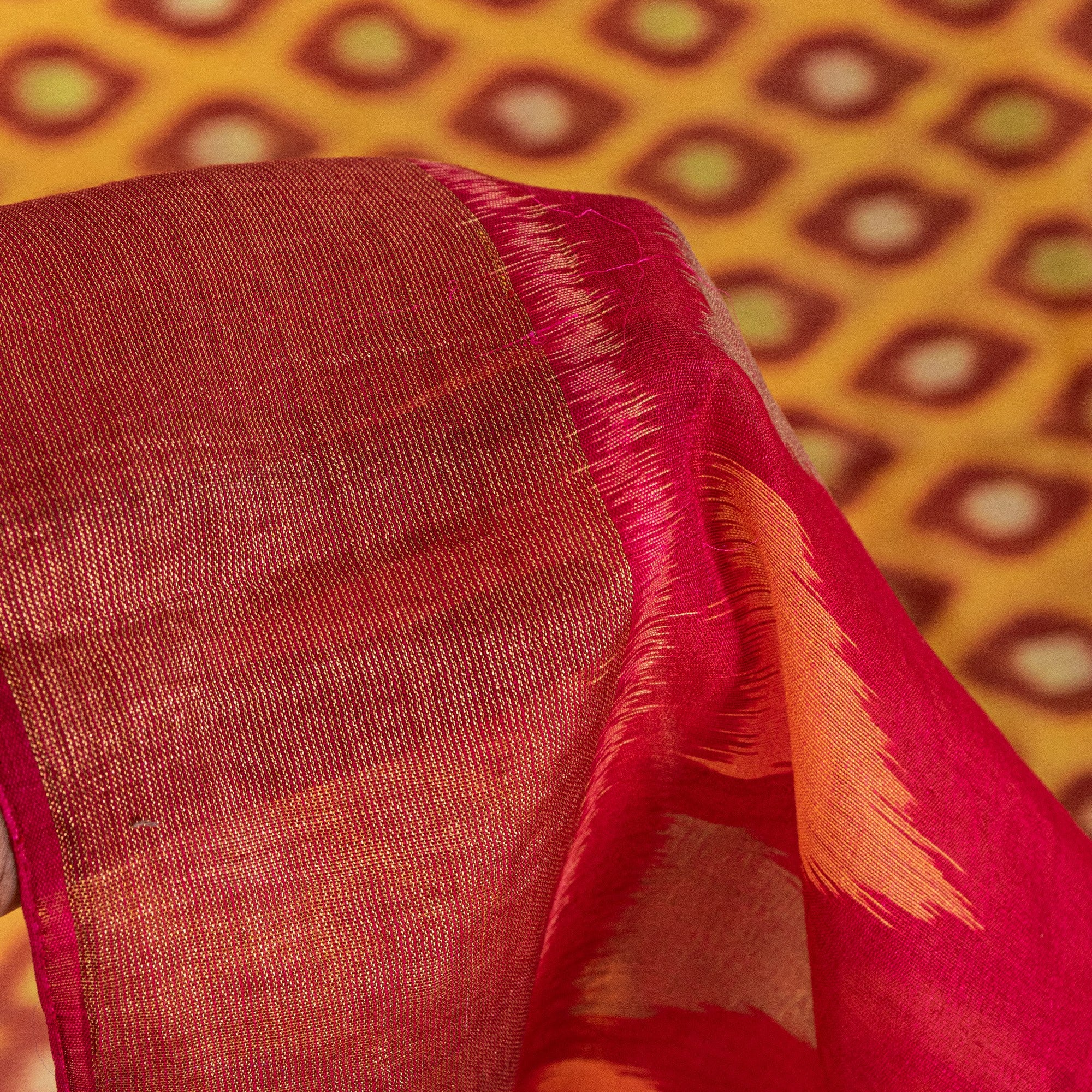 Sanskriti Vintage Yellow Cotton Silk Sarees Ikat Hand Woven Sambhalpuri 5.5 YD