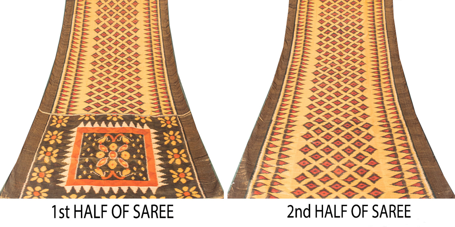 Sanskriti Vintage Yellow Cotton Silk Sarees Ikat Hand Woven Sambhalpuri 5.5 Yd