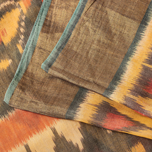 Sanskriti Vintage Yellow Cotton Silk Sarees Ikat Hand Woven Sambhalpuri 5.5 Yd