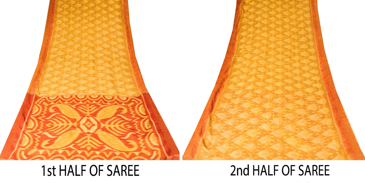 Sanskriti Vintage Yellow Blend Silk Sarees Ikat Handwoven Sambhalpuri 5.5Yd Sari