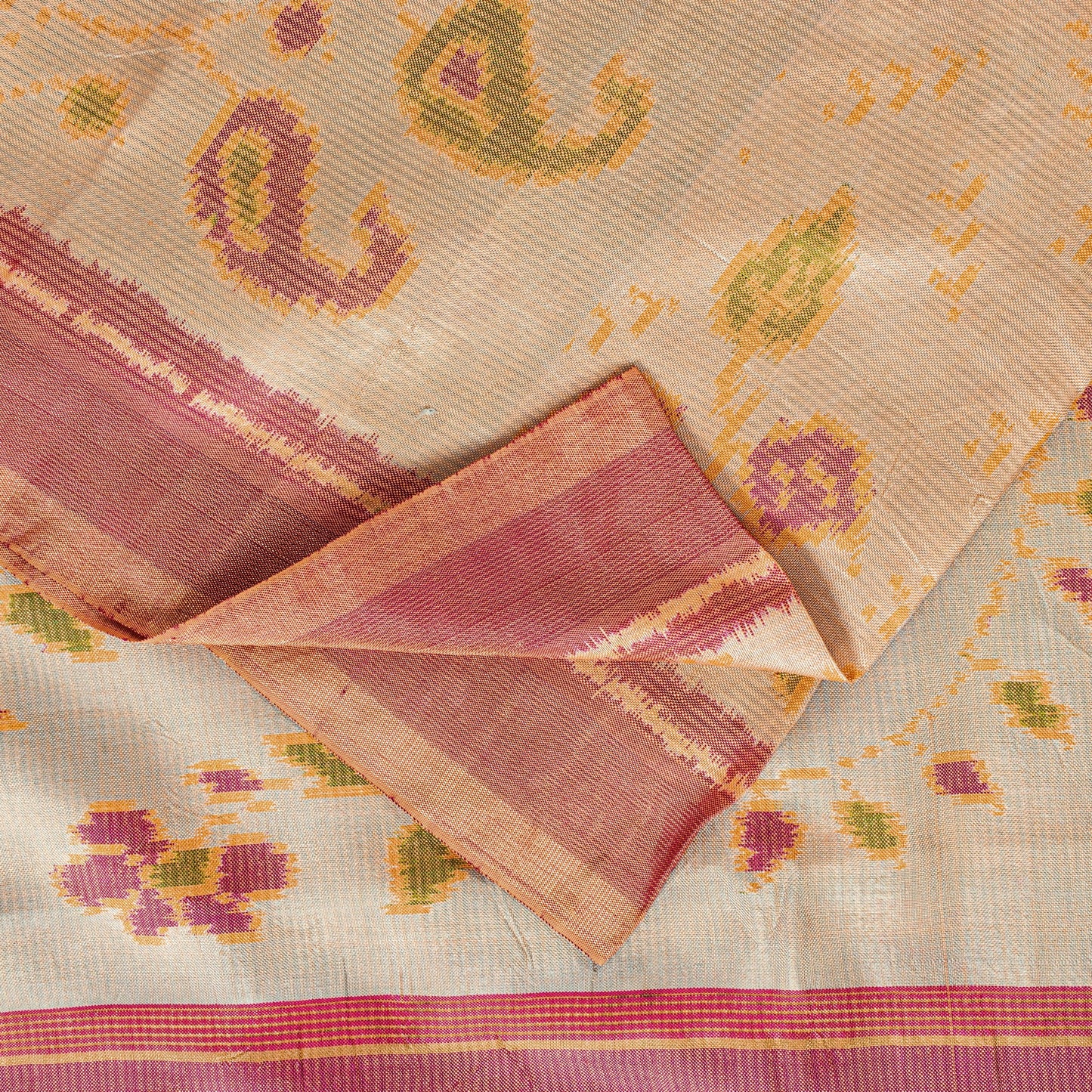 Sanskriti Vintage Beige-Pink Pure Silk Saree Ikat Hand Woven Patan Patola 5.5Yd
