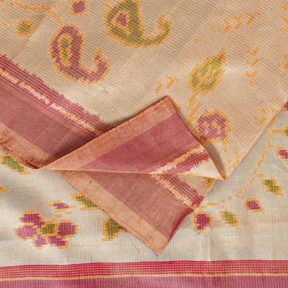 Sanskriti Vintage Beige-Pink Pure Silk Saree Ikat Hand Woven Patan Patola 5.5Yd