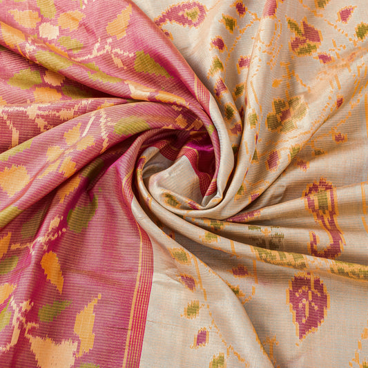 Sanskriti Vintage Beige-Pink Pure Silk Saree Ikat Hand Woven Patan Patola 5.5Yd