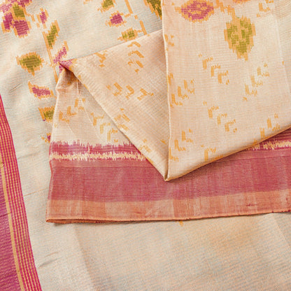 Sanskriti Vintage Beige-Pink Pure Silk Saree Ikat Hand Woven Patan Patola 5.5Yd