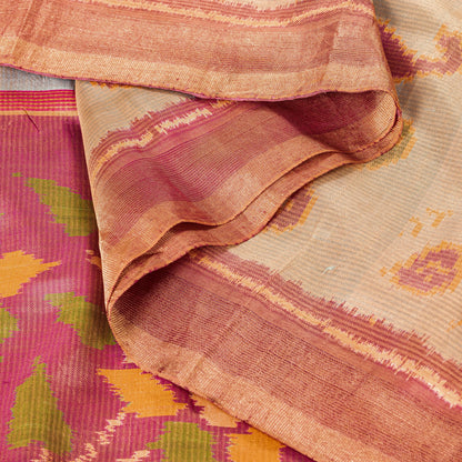Sanskriti Vintage Beige-Pink Pure Silk Saree Ikat Hand Woven Patan Patola 5.5Yd