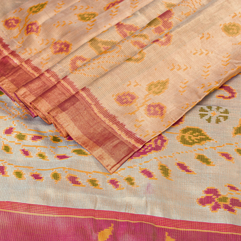 Sanskriti Vintage Beige-Pink Pure Silk Saree Ikat Hand Woven Patan Patola 5.5Yd