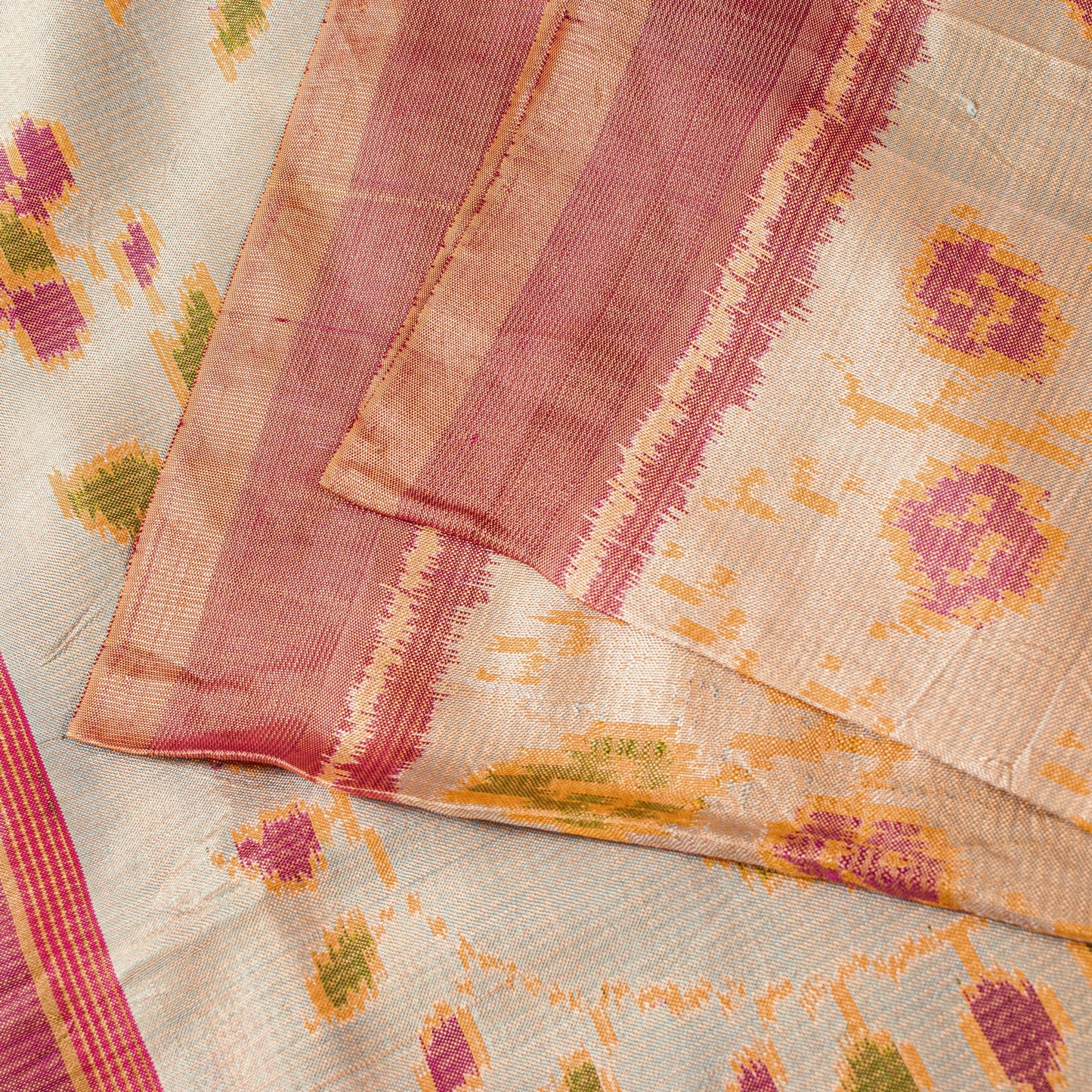 Sanskriti Vintage Beige-Pink Pure Silk Saree Ikat Hand Woven Patan Patola 5.5Yd