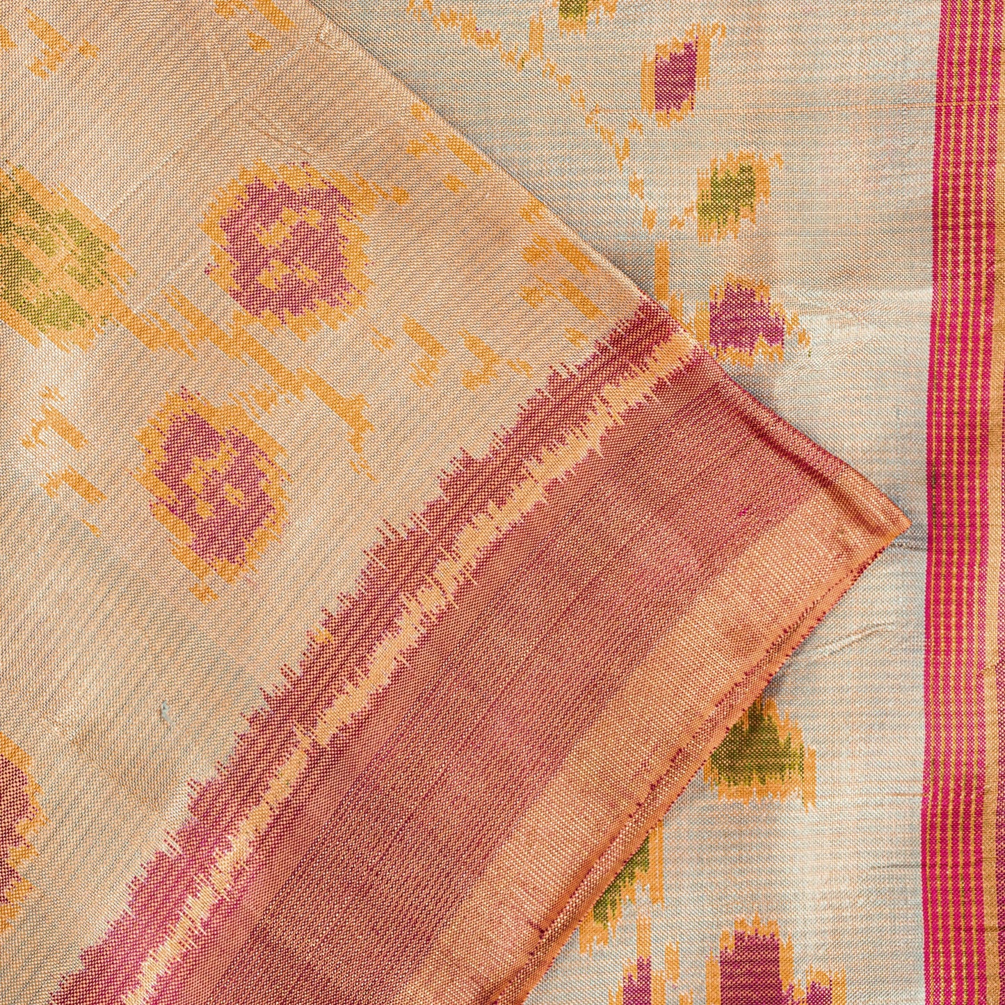 Sanskriti Vintage Beige-Pink Pure Silk Saree Ikat Hand Woven Patan Patola 5.5Yd