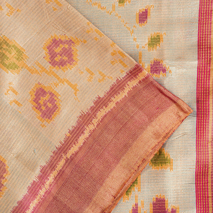 Sanskriti Vintage Beige-Pink Pure Silk Saree Ikat Hand Woven Patan Patola 5.5Yd