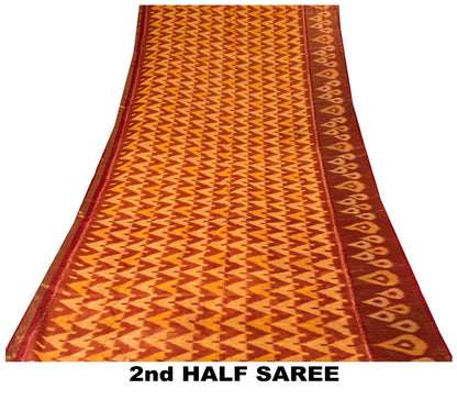 Sanskriti Vintage Red Cotton Silk Saree Ikat Hand-Woven Sambhalpuri 5.5Yd Sari