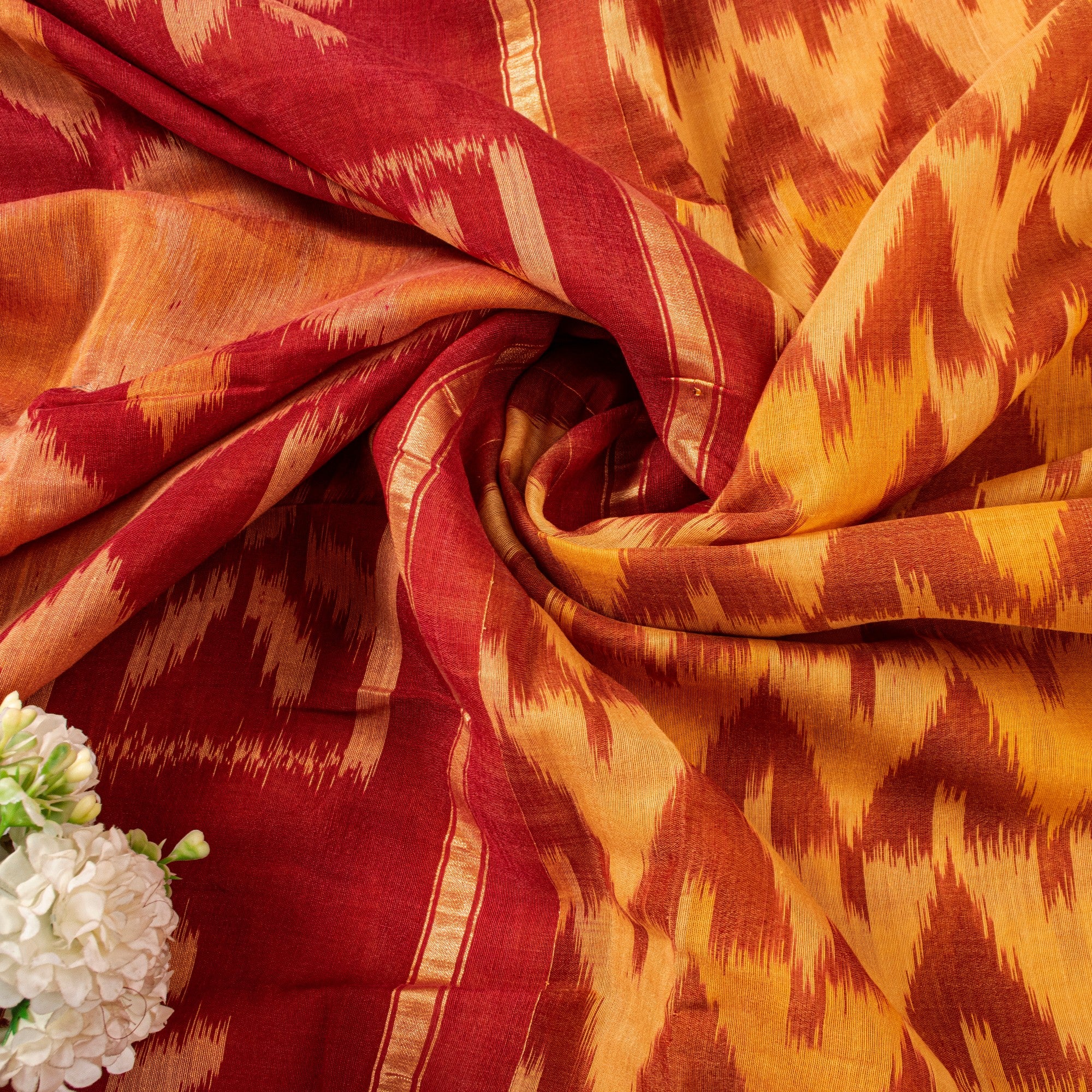 Sanskriti Vintage Red Cotton Silk Saree Ikat Hand-Woven Sambhalpuri 5.5Yd Sari