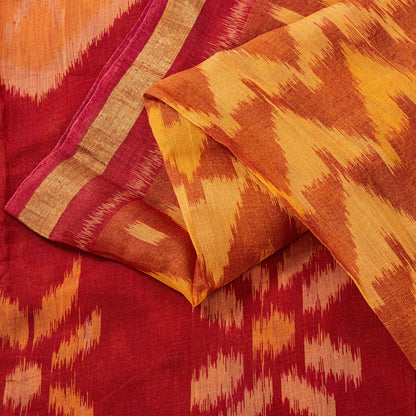 Sanskriti Vintage Red Cotton Silk Saree Ikat Hand-Woven Sambhalpuri 5.5Yd Sari