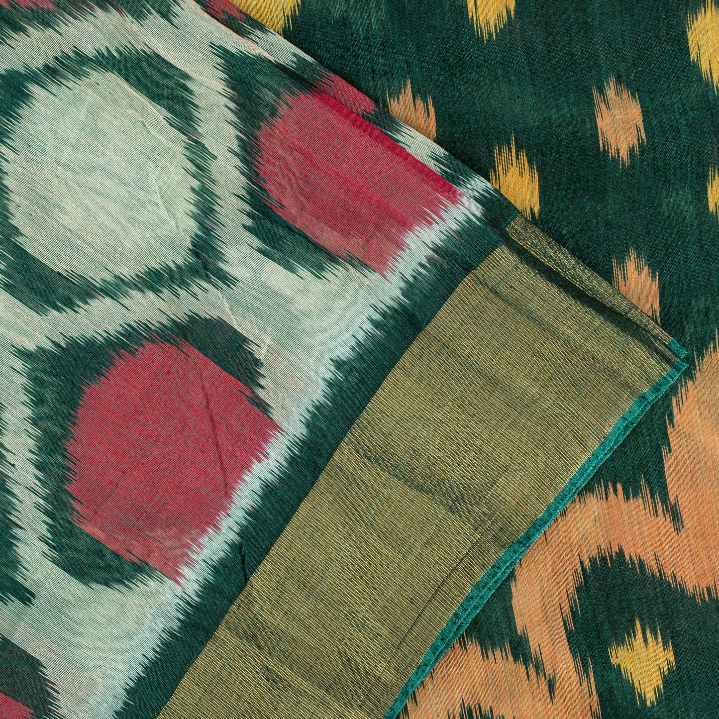 Sanskriti Vintage Green Soft Blend Cotton Saree Ikat Handwoven Pochampally 5.5Yd