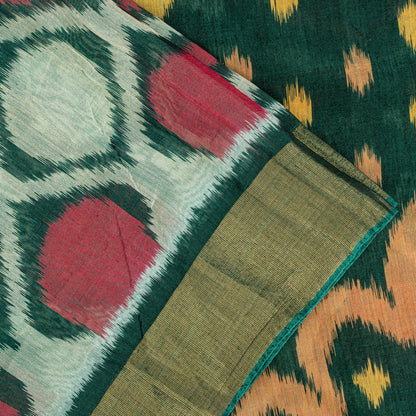 Sanskriti Vintage Green Soft Blend Cotton Saree Ikat Handwoven Pochampally 5.5Yd