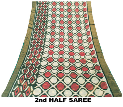 Sanskriti Vintage Green Soft Blend Cotton Saree Ikat Handwoven Pochampally 5.5Yd