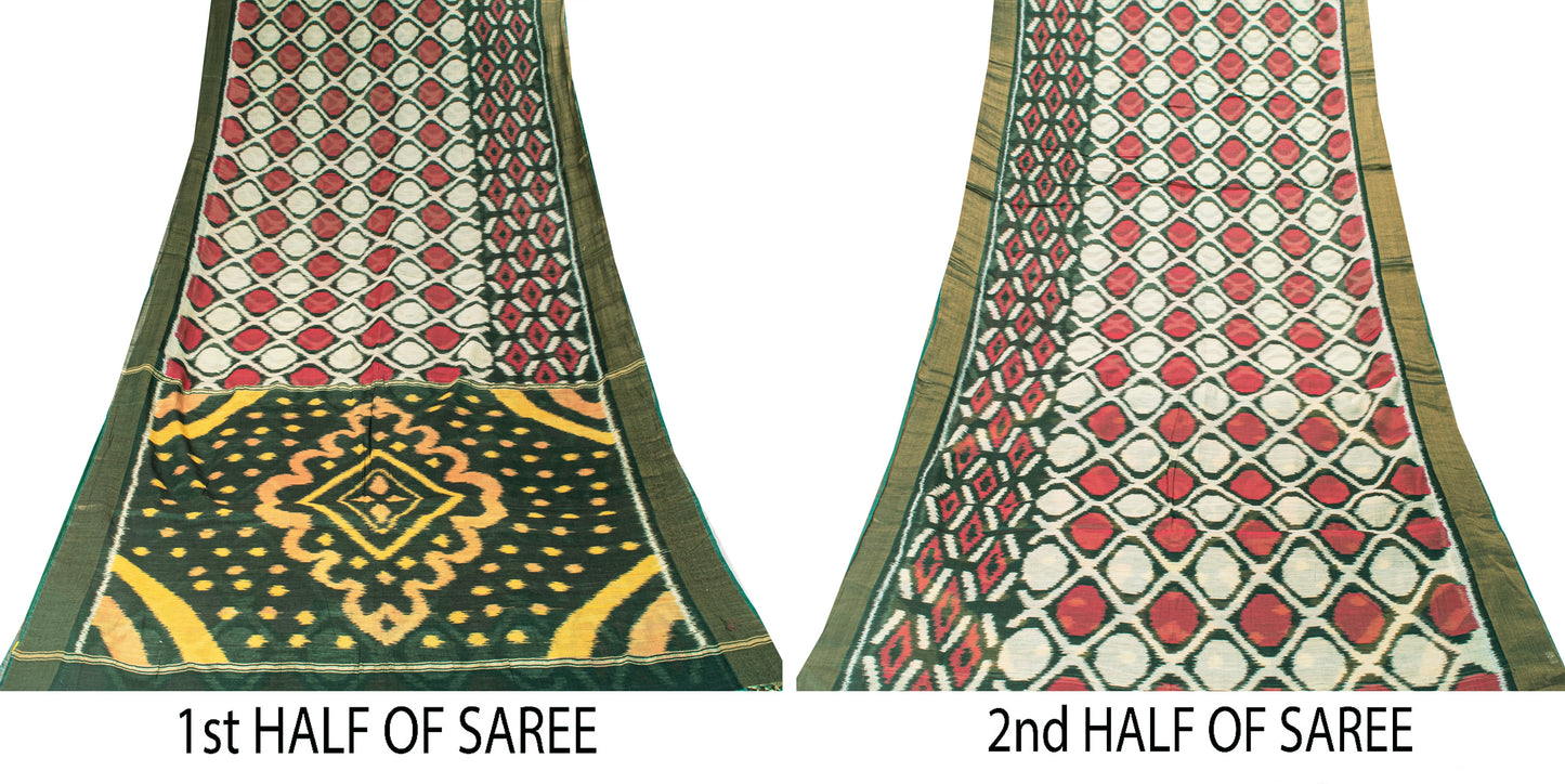 Sanskriti Vintage Green Soft Blend Cotton Saree Ikat Handwoven Pochampally 5.5Yd