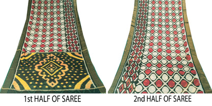 Sanskriti Vintage Green Soft Blend Cotton Saree Ikat Handwoven Pochampally 5.5Yd