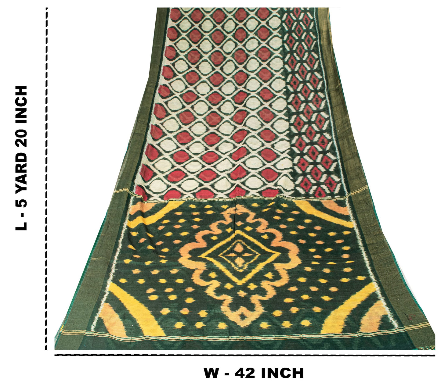 Sanskriti Vintage Green Soft Blend Cotton Saree Ikat Handwoven Pochampally 5.5Yd