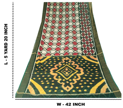 Sanskriti Vintage Green Soft Blend Cotton Saree Ikat Handwoven Pochampally 5.5Yd