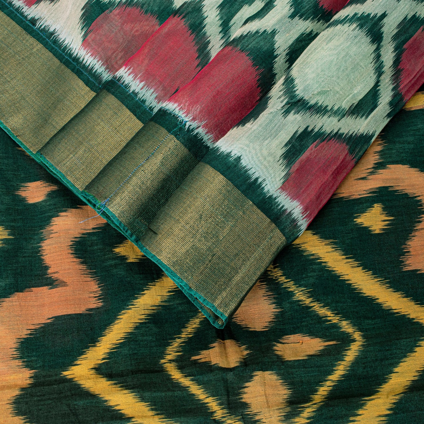 Sanskriti Vintage Green Soft Blend Cotton Saree Ikat Handwoven Pochampally 5.5Yd