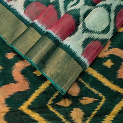 Sanskriti Vintage Green Soft Blend Cotton Saree Ikat Handwoven Pochampally 5.5Yd