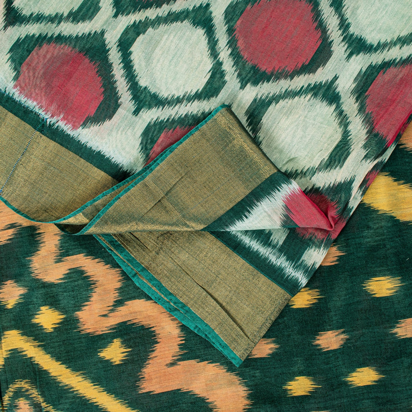 Sanskriti Vintage Green Soft Blend Cotton Saree Ikat Handwoven Pochampally 5.5Yd