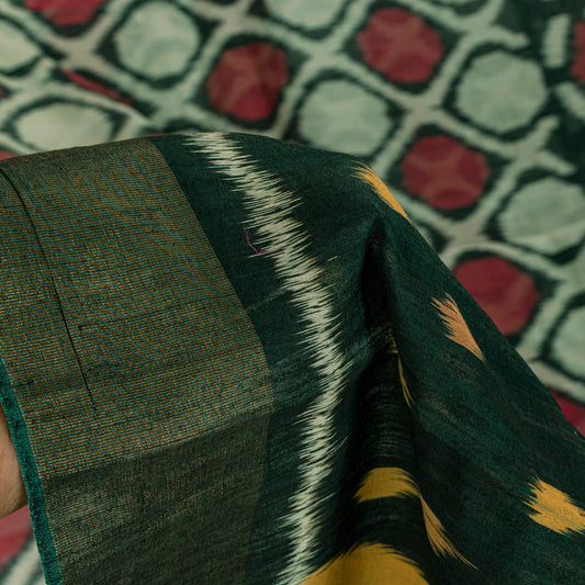 Sanskriti Vintage Green Soft Blend Cotton Saree Ikat Handwoven Pochampally 5.5Yd