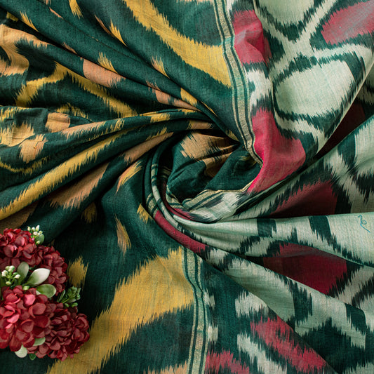 Sanskriti Vintage Green Soft Blend Cotton Saree Ikat Handwoven Pochampally 5.5Yd