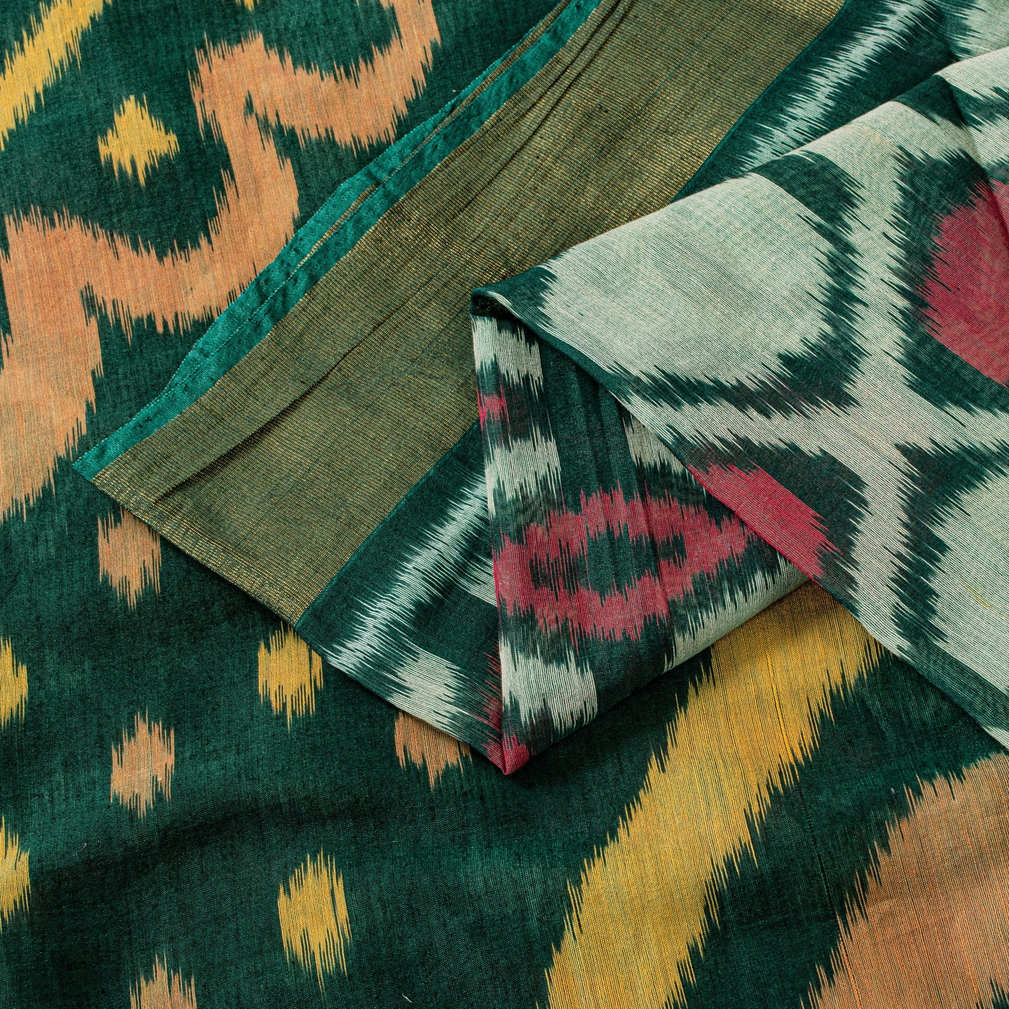 Sanskriti Vintage Green Soft Blend Cotton Saree Ikat Handwoven Pochampally 5.5Yd