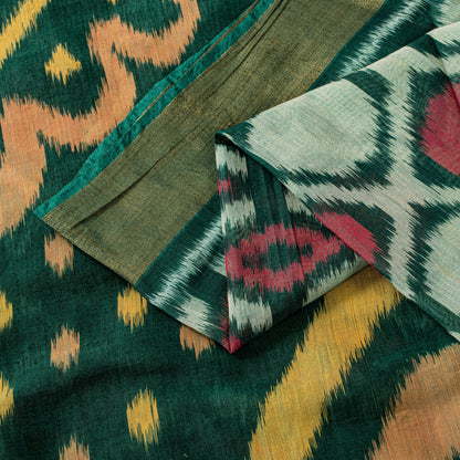 Sanskriti Vintage Green Soft Blend Cotton Saree Ikat Handwoven Pochampally 5.5Yd