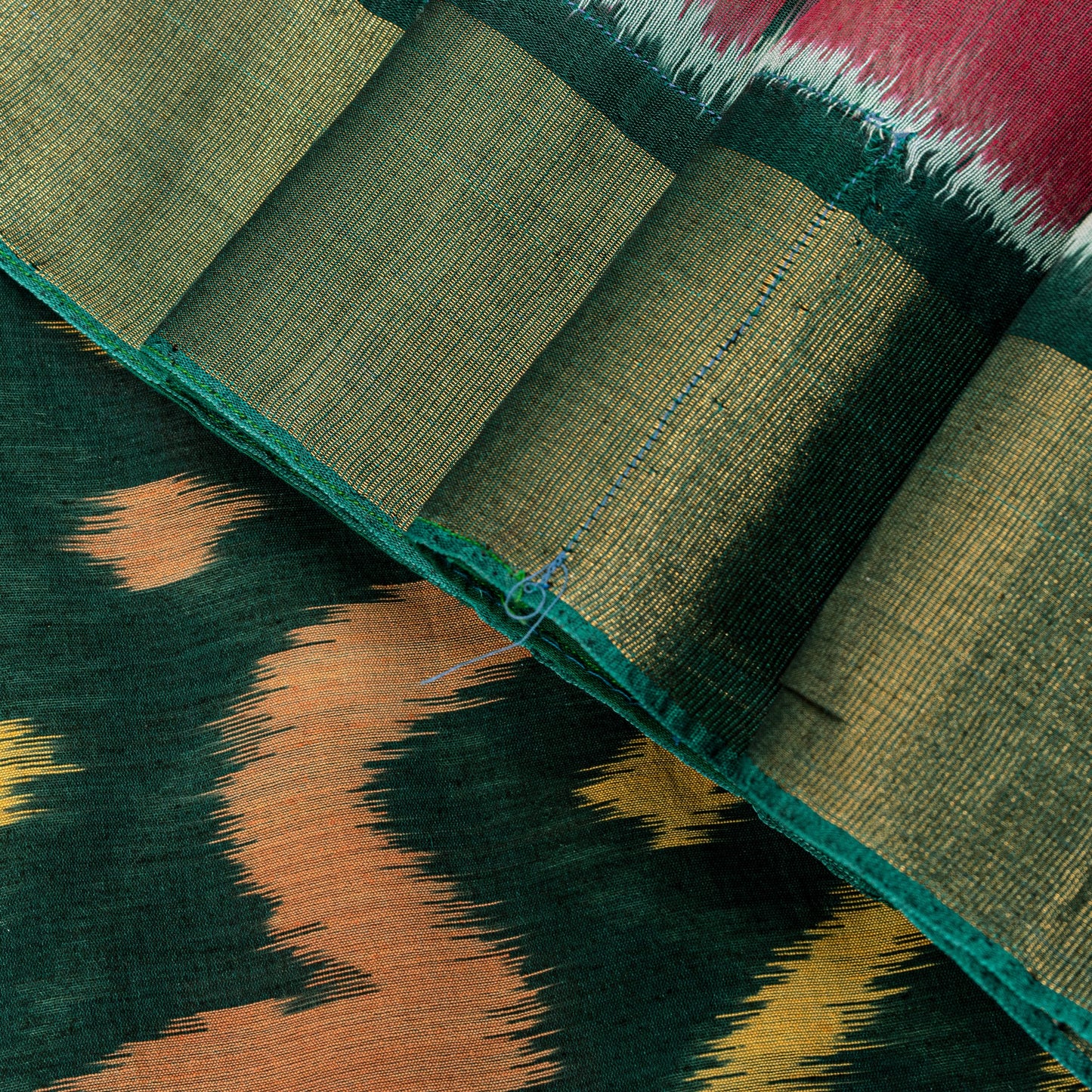 Sanskriti Vintage Green Soft Blend Cotton Saree Ikat Handwoven Pochampally 5.5Yd