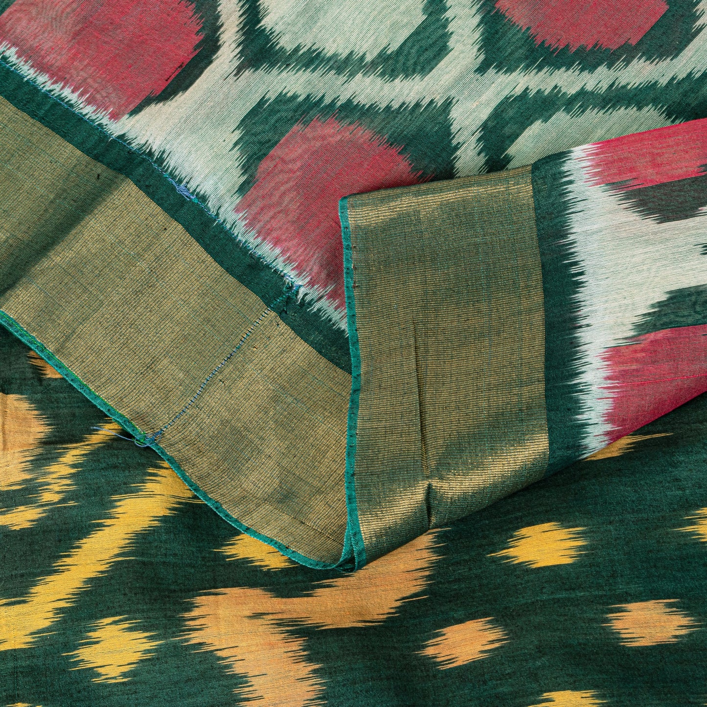 Sanskriti Vintage Green Soft Blend Cotton Saree Ikat Handwoven Pochampally 5.5Yd