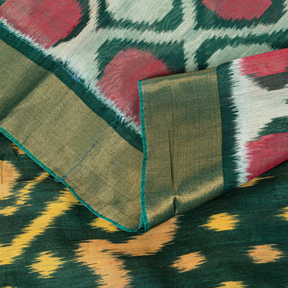 Sanskriti Vintage Green Soft Blend Cotton Saree Ikat Handwoven Pochampally 5.5Yd