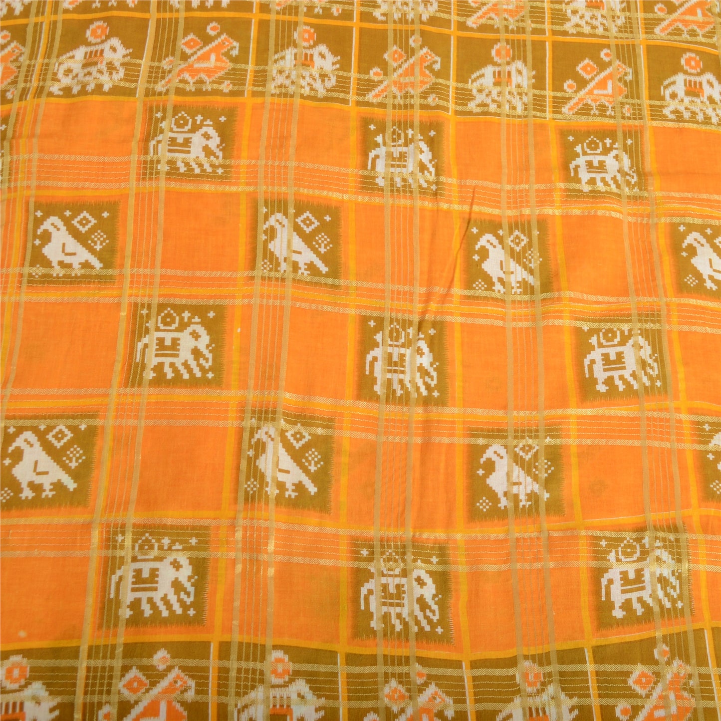 Sanskriti Vintage Orange Pure Cotton Saree Patan PatoIa Ikat Printed Woven 5+Yd