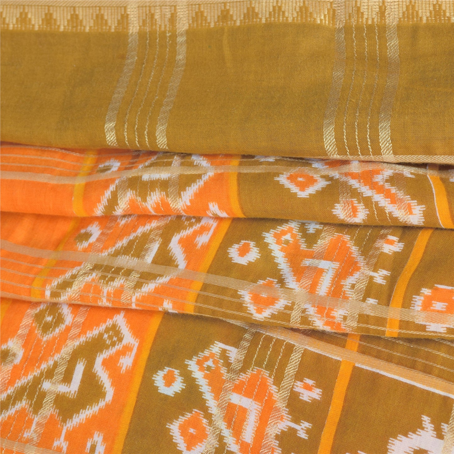 Sanskriti Vintage Orange Pure Cotton Saree Patan PatoIa Ikat Printed Woven 5+Yd