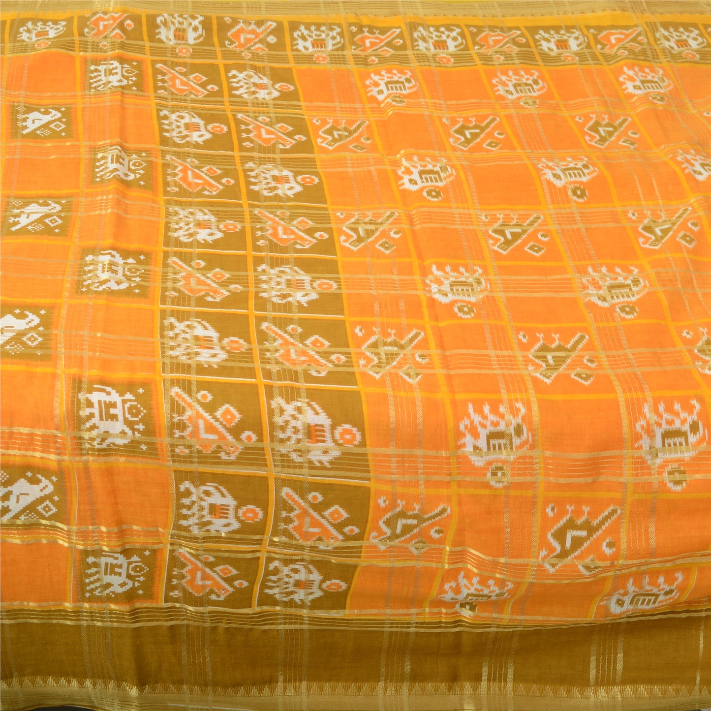Sanskriti Vintage Orange Pure Cotton Saree Patan PatoIa Ikat Printed Woven 5+Yd