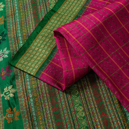 Sanskriti Vintage Pink Pure Silk Saree Peacock Floral Thread Hand-Woven 5.5 YD