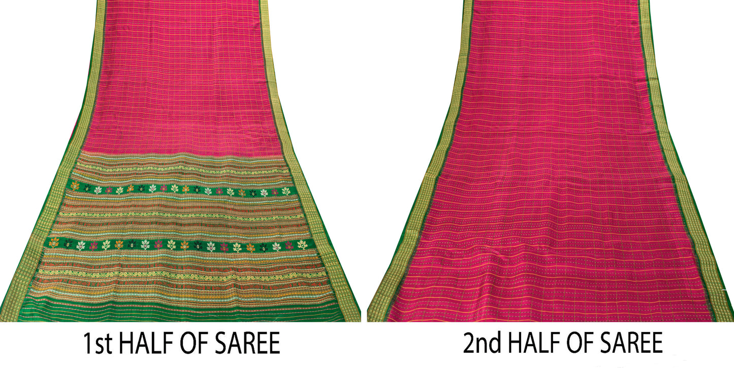 Sanskriti Vintage Pink Pure Silk Saree Peacock Floral Thread Hand-Woven 5.5 YD
