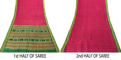 Sanskriti Vintage Pink Pure Silk Saree Peacock Floral Thread Hand-Woven 5.5 YD