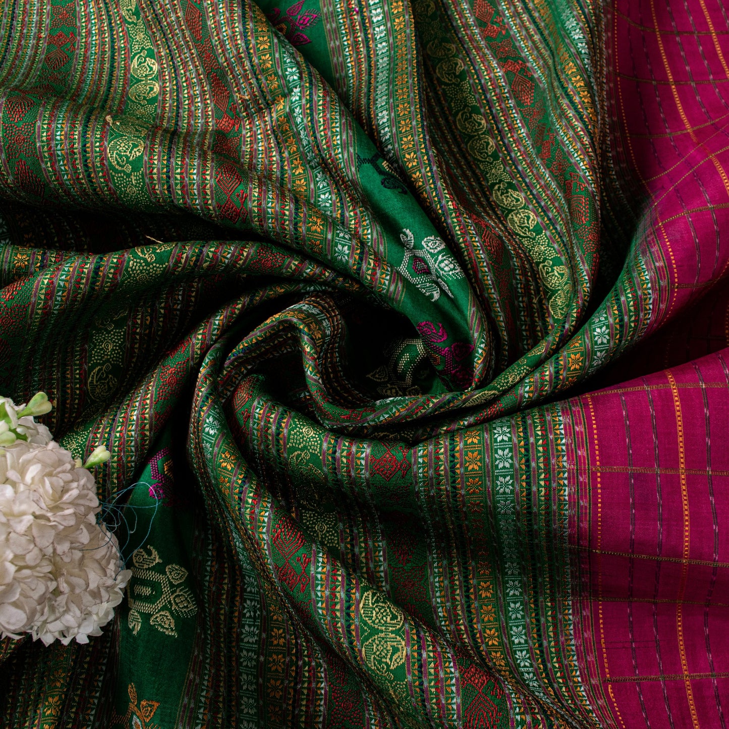 Sanskriti Vintage Pink Pure Silk Saree Peacock Floral Thread Hand-Woven 5.5 YD