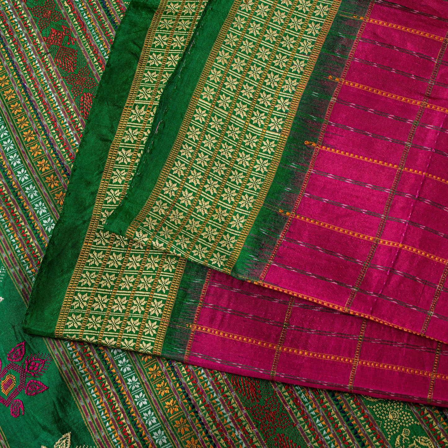 Sanskriti Vintage Pink Pure Silk Saree Peacock Floral Thread Hand-Woven 5.5 YD