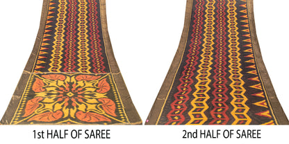 Sanskriti Vintage Black Cotton Silk Saree Ikat Hand Woven Sambhalpuri 5.5Yd Sari