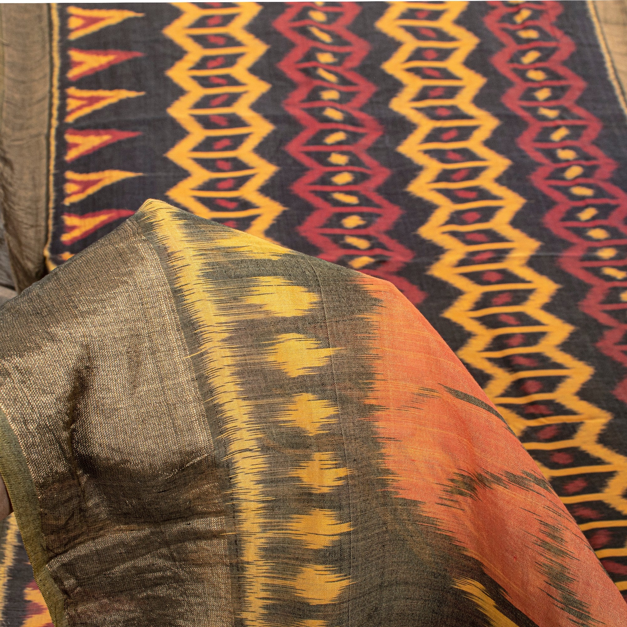 Sanskriti Vintage Black Cotton Silk Saree Ikat Hand Woven Sambhalpuri 5.5Yd Sari